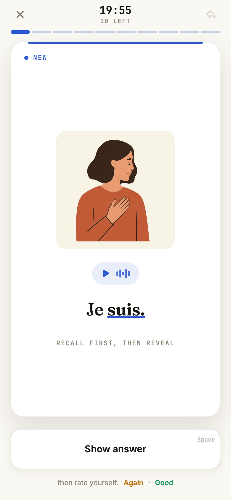 A Flua card, front: the French sentence 'Je suis.' with an audio button and a Show answer bar