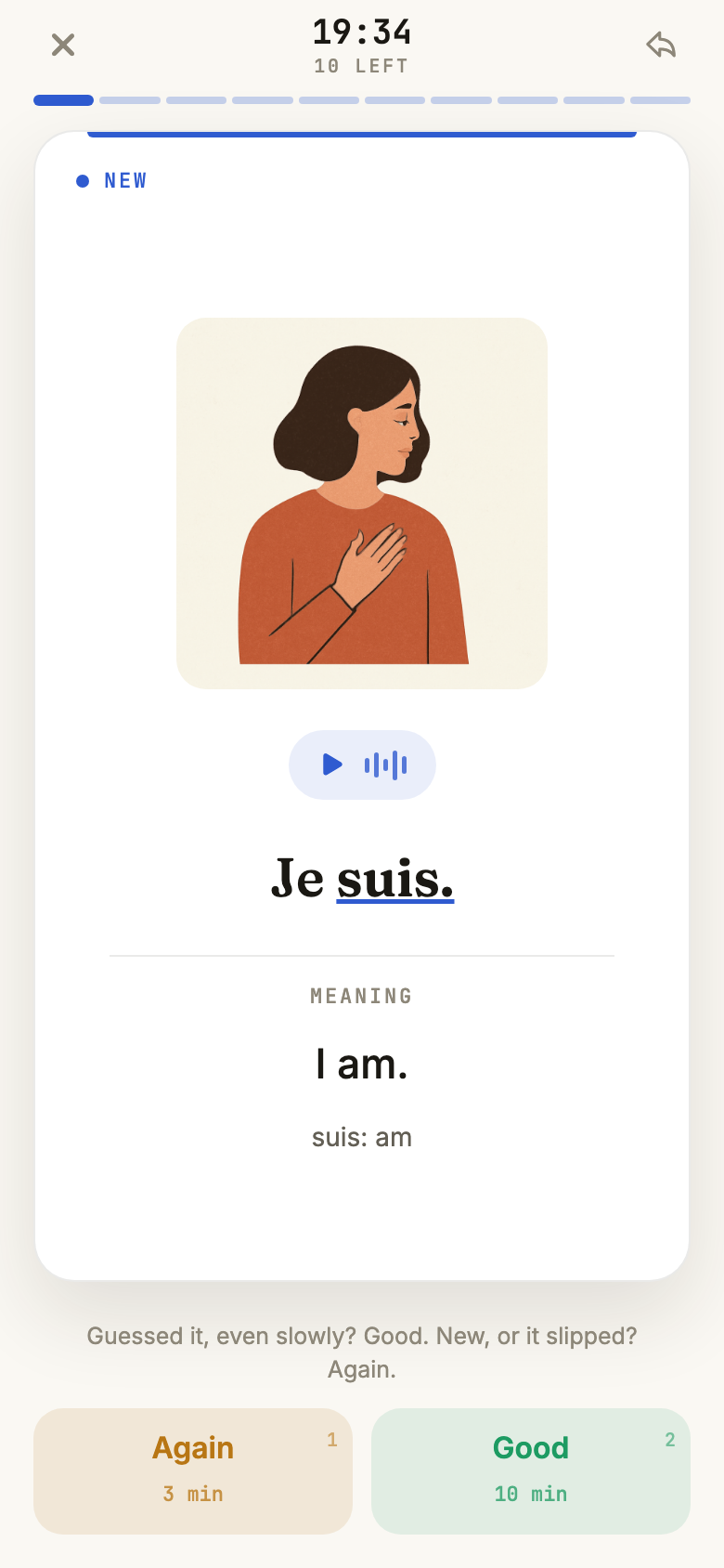The same Flua card revealed: meaning 'I am.', with Again and Good grading buttons