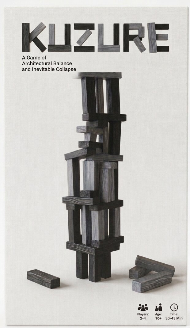 The Kuzure box: a leaning tower of ash-black and silver-grey blocks under the wordmark