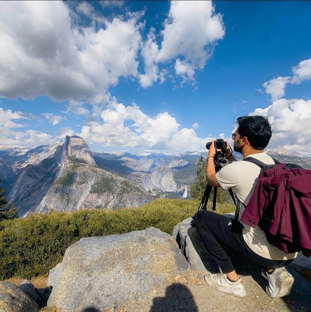 Sora photographing in Yosemite, camera raised to his eye.