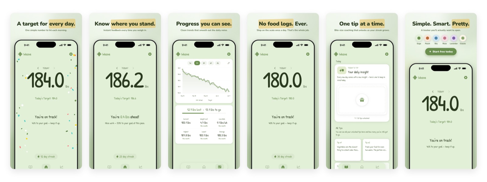 Weave — a minimalist weight-and-habit tracker showing a clean progress graph
